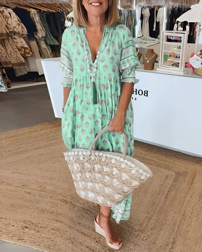 Women’s Maxi Dress – Boho Floral Print – V-Neck – Relaxed Fit – Natural Fibers