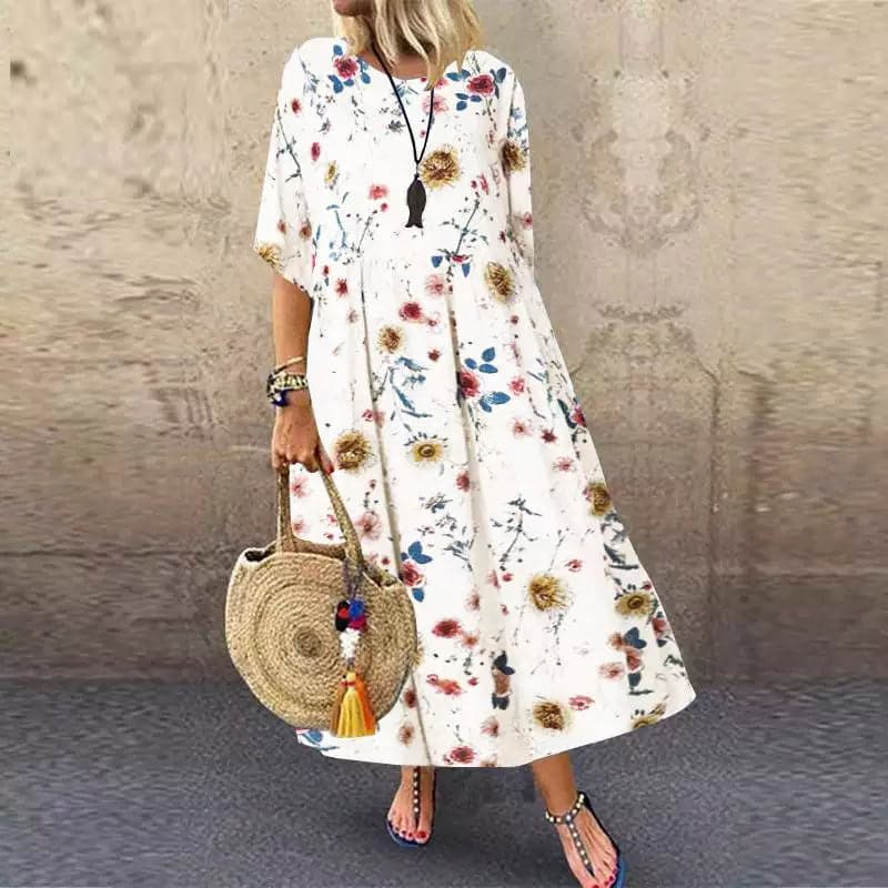 Women’s Long Dress – Floral Pattern – Relaxed Fit – Breathable Blend – V-Neck Short Sleeve