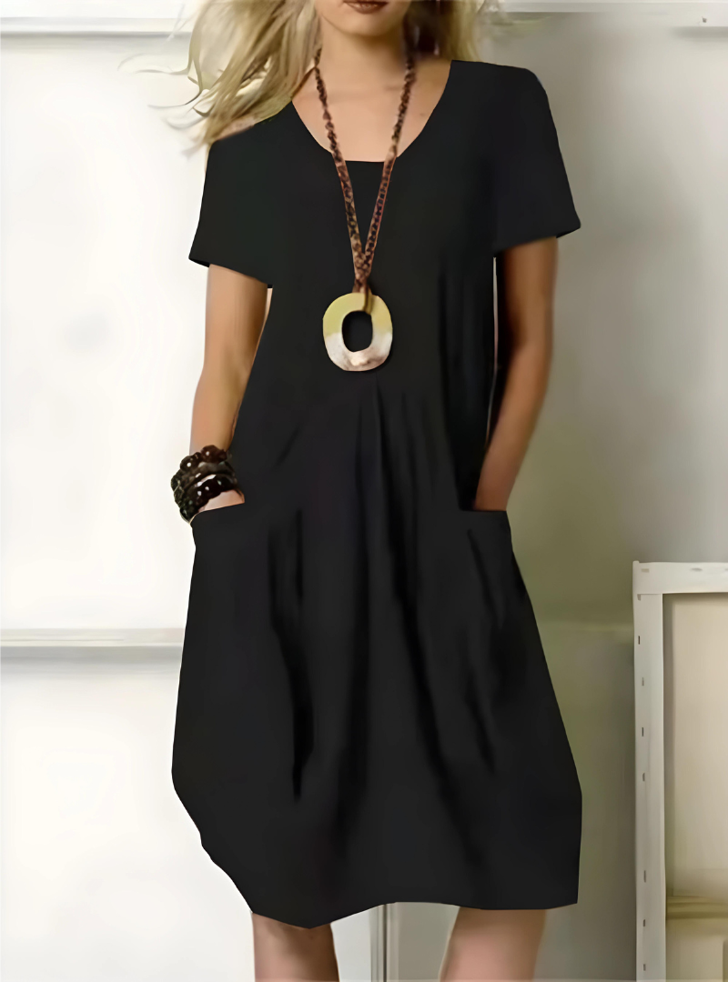 Women's Casual Dress - Loose A-Line Fit - V-Neck Short Sleeve - With Pockets