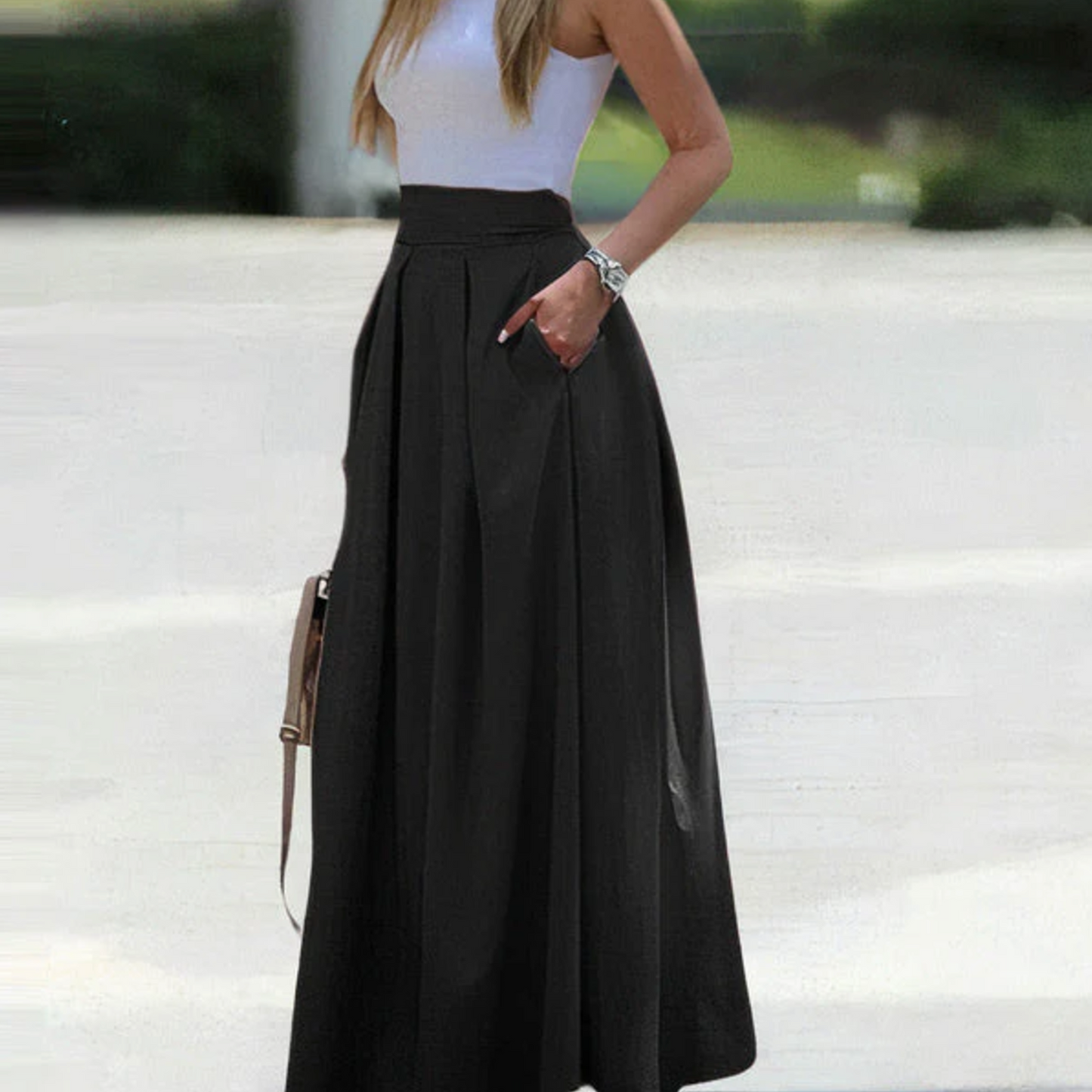 Women’s Maxi Skirt – High Waist – Pleated Full Fit – Breathable Blend – With Pockets