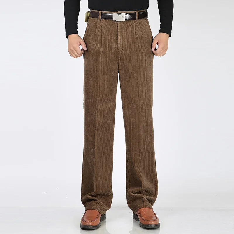 Men's corduroy pants with wide legs, high waist and side pockets