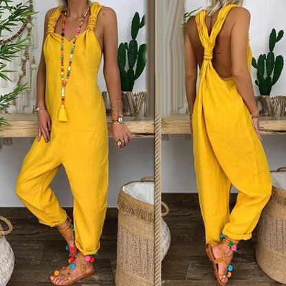 Women’s Jumpsuit – Relaxed Fit – Breathable Blend – Knotted Straps – Open Back