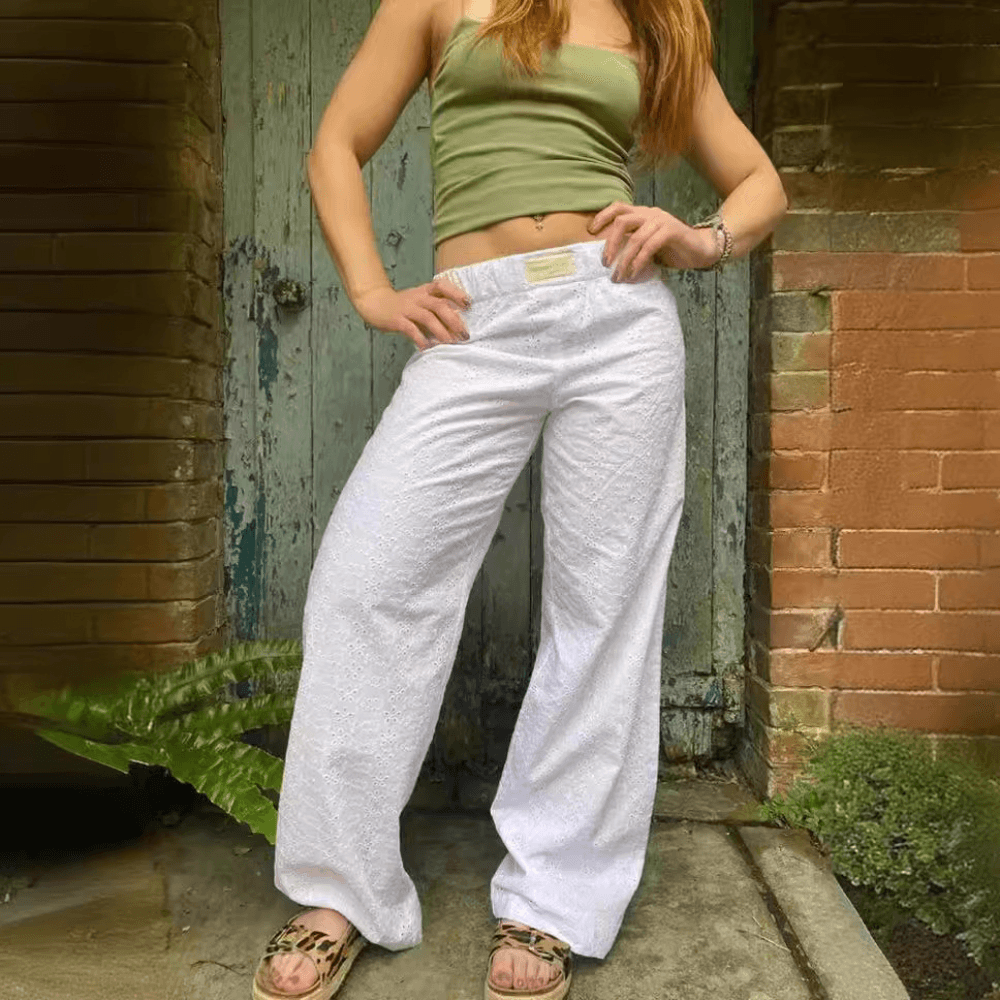 Women's Wide-Leg Pants - Eyelet Detailing - Breathable Fabric - High-Rise Pull-On Fit