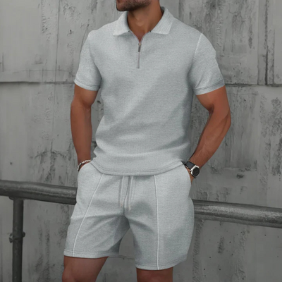 Men’s Co-ord Set – Slim Fit Polo Zip Neck – Soft Knit – Mid-Thigh Shorts