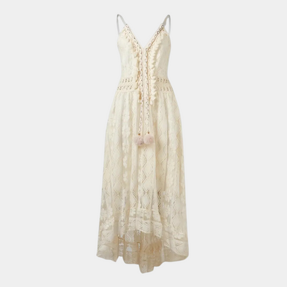 Women’s Midi Dress – Relaxed Fit – Lace Detail – V-Neck – Boho Style – Breathable Fabric