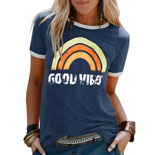 Women’s T-shirt – Relaxed Fit – Soft Knit – Ribbed Trim – Graphic Front Casual Wear