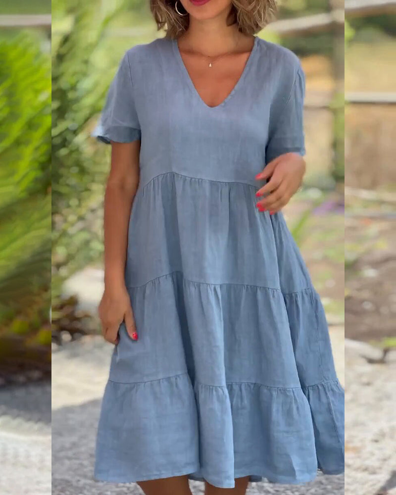 Women's Midi Dress - V-Neck - Short Sleeve - Loose Fit Tiered Design