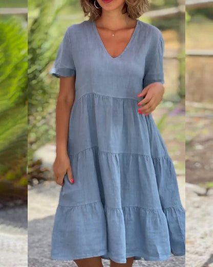 Women's Midi Dress - V-Neck - Short Sleeve - Loose Fit Tiered Design