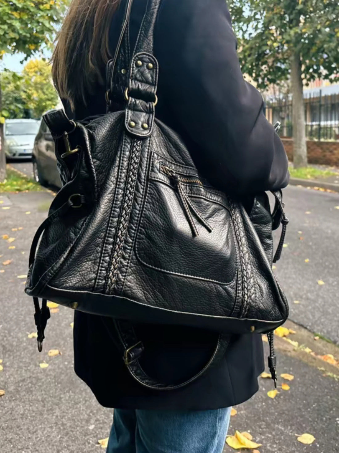 Women’s Shoulder Bag – Textured Leather Look – Braided Trim – Zipped Compartments – Metal Accents