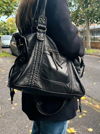 Women’s Shoulder Bag – Textured Leather Look – Braided Trim – Zipped Compartments – Metal Accents