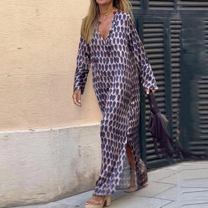 Women’s Maxi Dress – Loose Fit – V-Neck – Long Sleeve – Side Slits – Bold Print