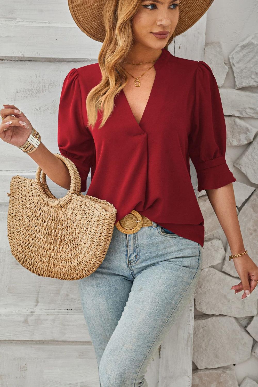 Women's Notched Neck Half Sleeve Blouse - Lightweight Casual Top