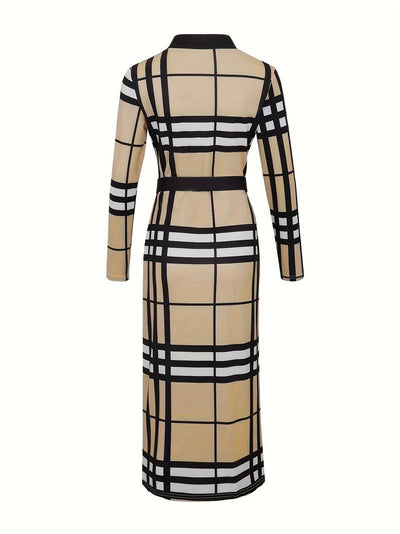 Women's Bodycon Dress - Plaid Pattern - Deep V-Neck - Long Sleeve - Knee-Length Elegant Fit