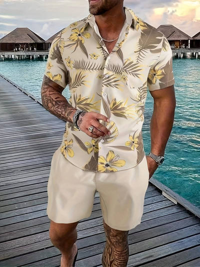Men’s Short-Sleeve Button-Up Shirt – Tropical Floral Print – Casual Lightweight Wear