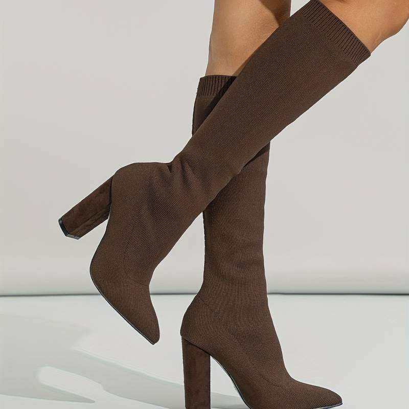 Women’s Knee High Sock Boots – Stretch Knit – Slim Fit – Pointed Toe – Block Heel