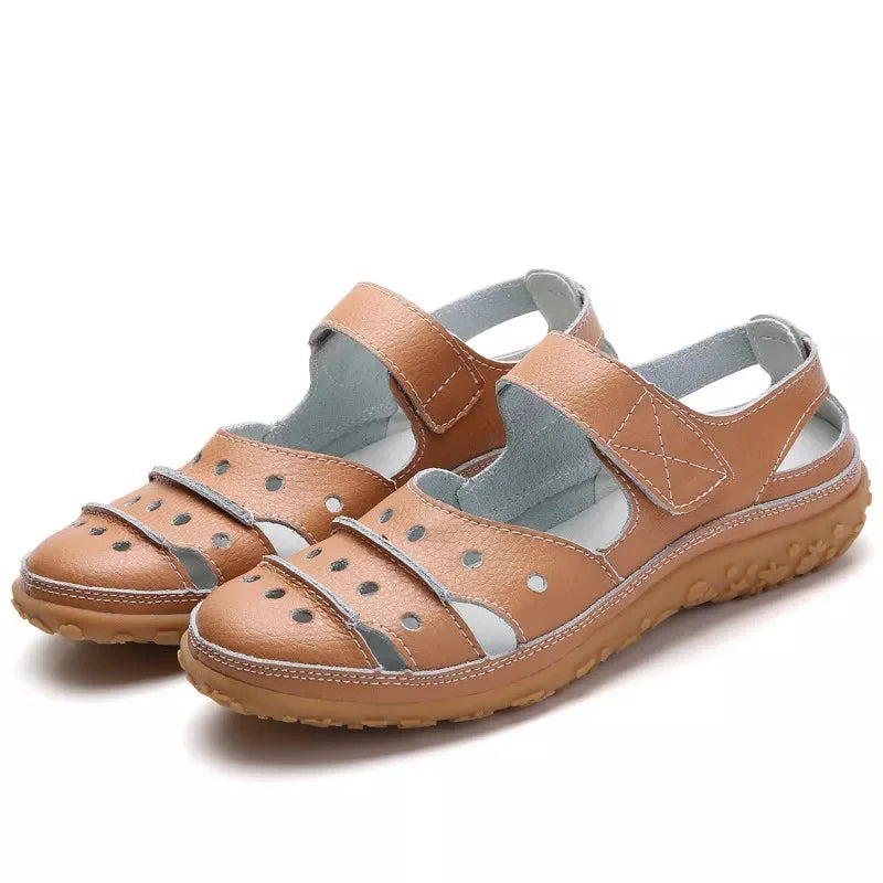 Women's Casual Sandals - Leather Upper - Cushioned Insole - Adjustable Velcro Straps