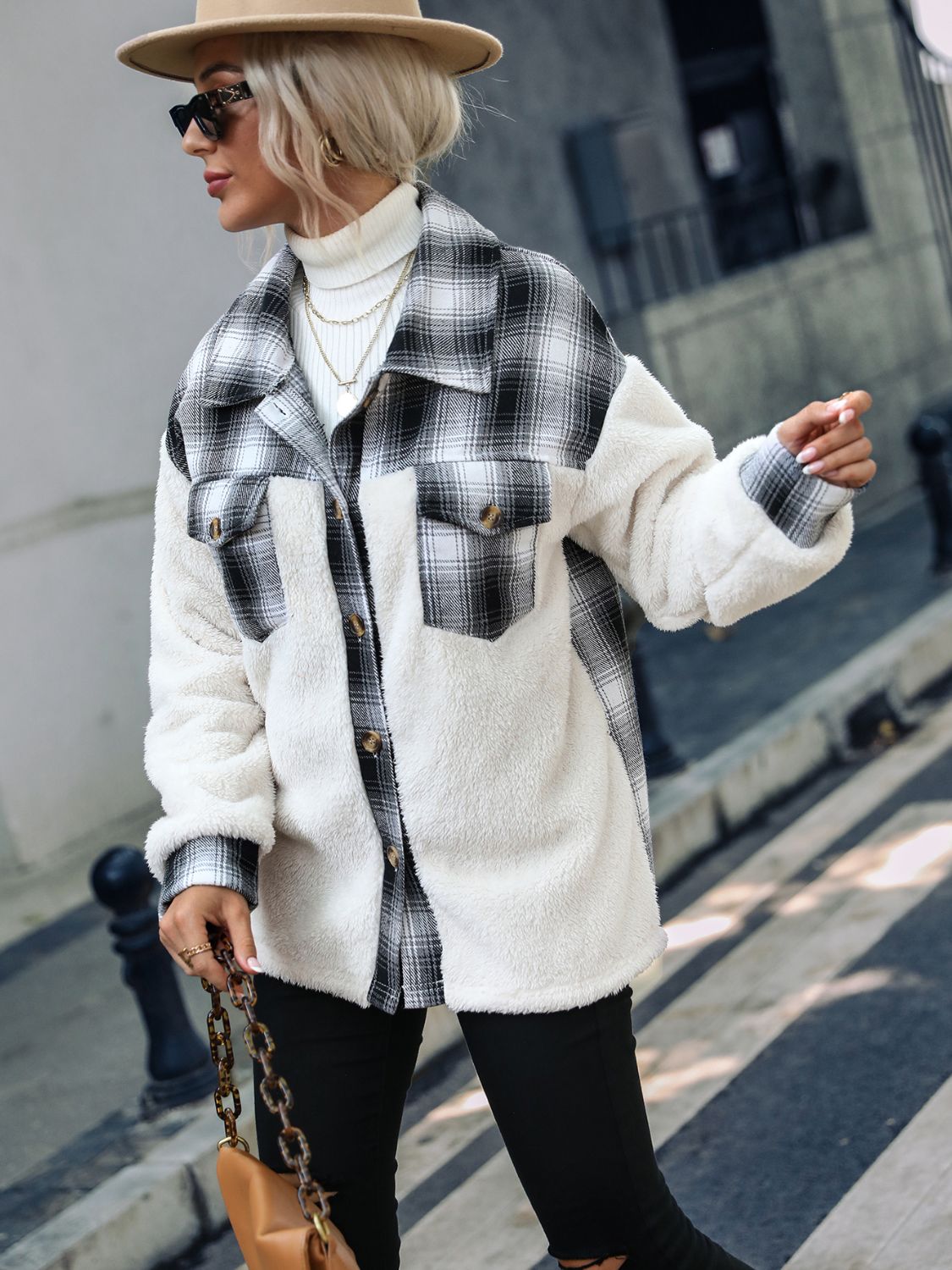 Women's collar jacket with a check pattern and buttons