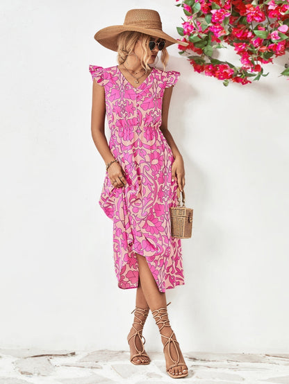 Women's Midi Dress - V-Neck - Short Ruffled Sleeves - Fitted Waist - Floral Print