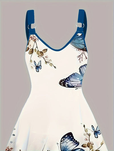 Sleeveless Butterfly Print V-Neck Dress with Ring Detail for Women