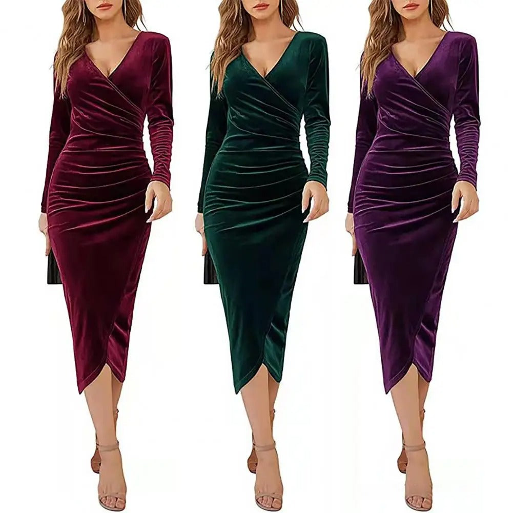 Women's Velvet Midi Dress - Wrap V-Neck - Long Sleeve Bodycon - Elegant Ruched Detail