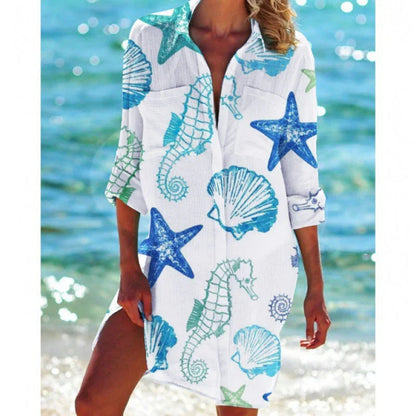 Women’s Tunic Cover-Up – Relaxed Fit – Breathable Blend – Button Front – Bold Print