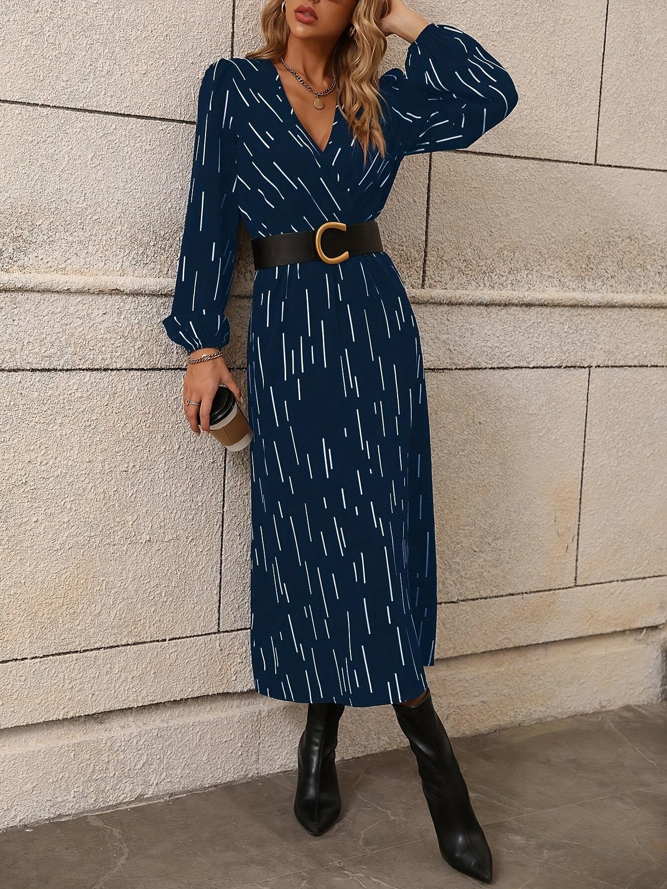 Women's Wrap Midi Dress - V-Neck - Long Sleeve - Belted Waist C-Buckle - Side Slit