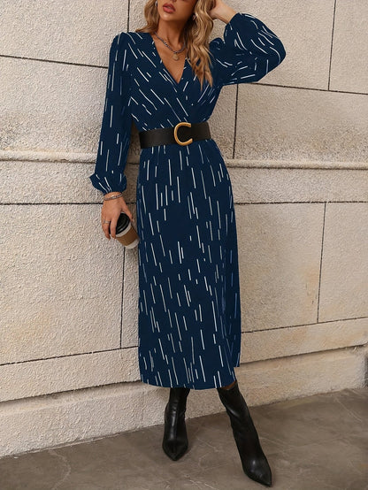 Women's Wrap Midi Dress - V-Neck - Long Sleeve - Belted Waist C-Buckle - Side Slit