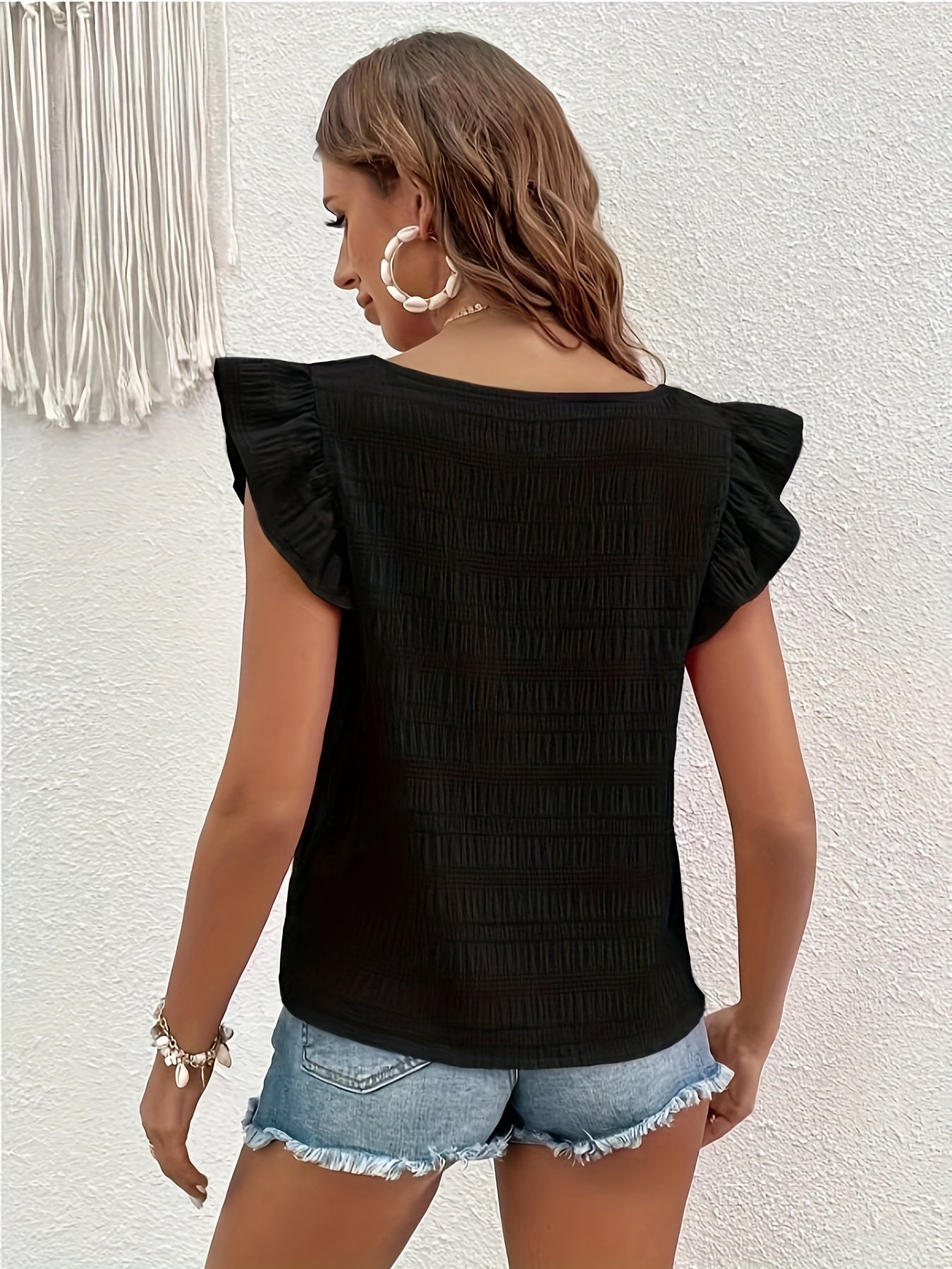 Smocked square-neck top with flutter sleeves for women