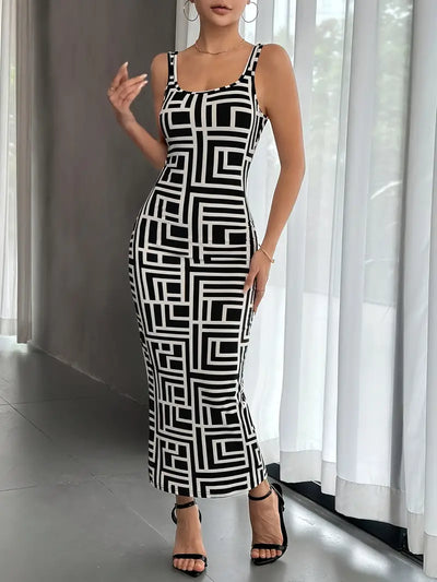 Women's Bodycon Midi Dress - Square Neck - Sleeveless - Geometric Pattern - Fitted Silhouette