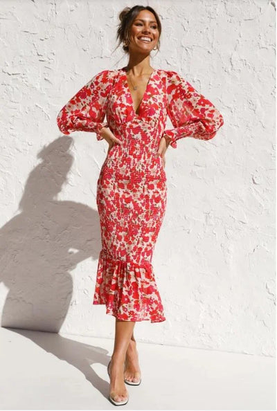 Women’s Midi Dress – Deep V-Neck – Balloon Sleeves – Ruffled Hem – Fitted Silhouette