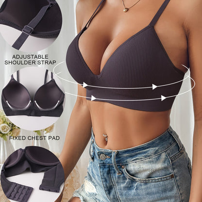 Women’s Push-Up Bra – Slim Fit – Plunge Neckline – Ribbed Texture – Breathable Blend