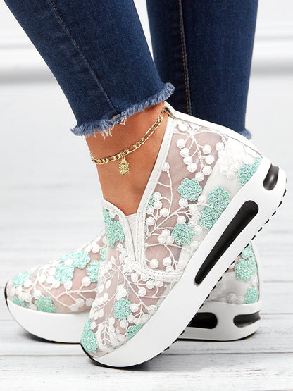 Women's Slip-On Sneakers - Sheer Mesh - Floral Embroidery - Platform Sole