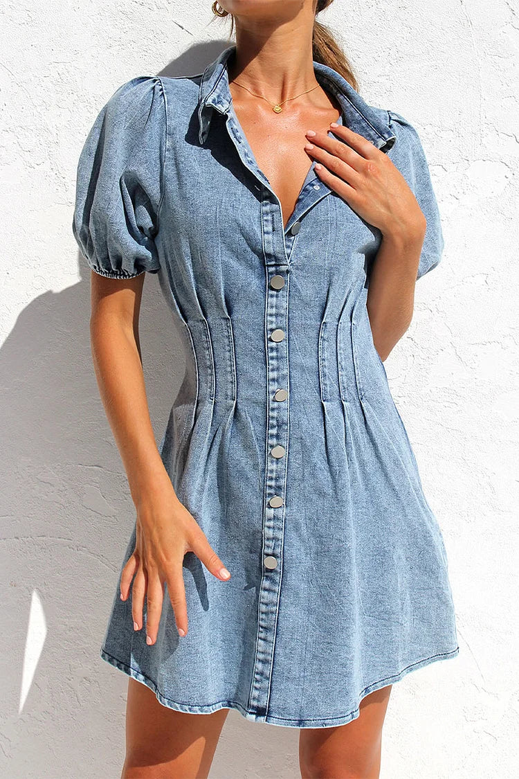 Elegant Solid Zip-Up Collared Short Sleeve Denim Dress