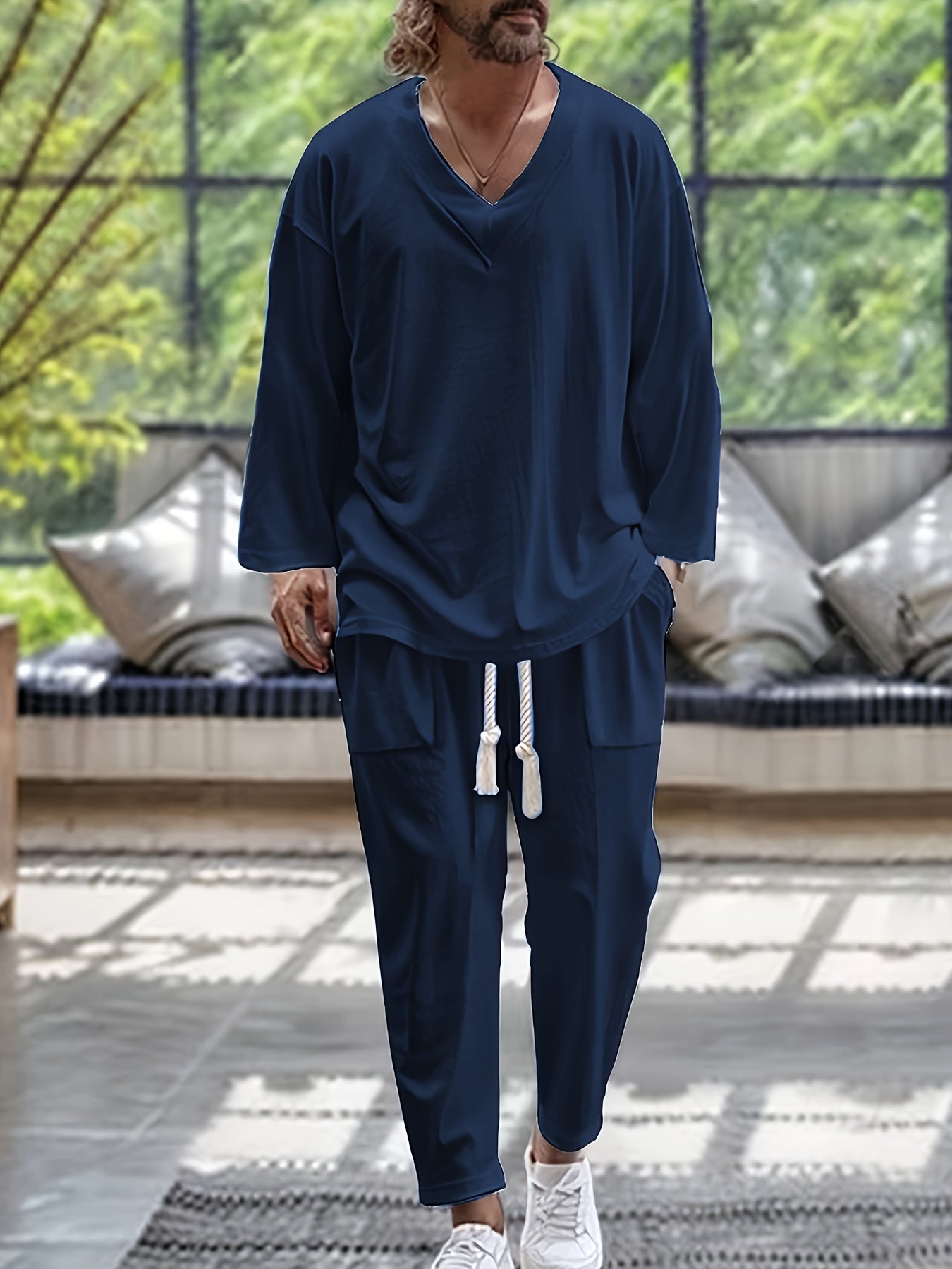 Men’s Loungewear Set – V-Neck Long Sleeve Top – Relaxed Fit Trousers with Pockets