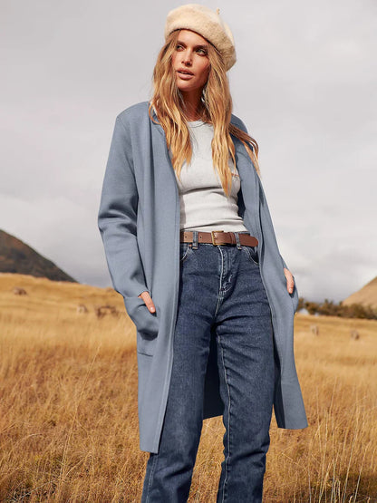 Women’s Knee-Length Coat – Wool Blend – Relaxed Fit – Wide Lapel – Patch Pockets