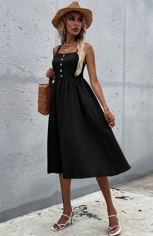 Women's Midi Dress - Sleeveless A-Line - Button-Down Fitted Bodice - Flared Casual Fit