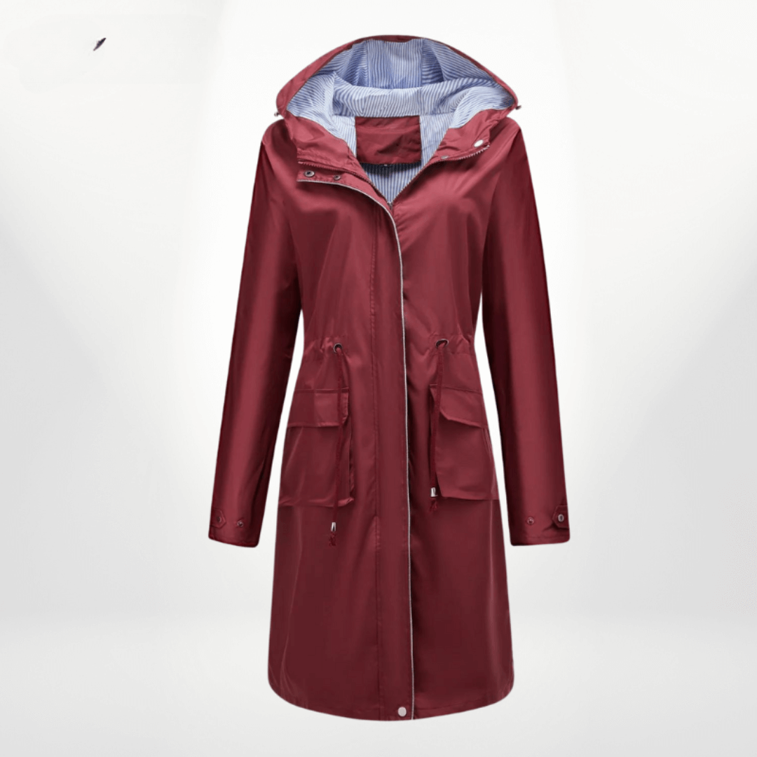 Women’s Trench Coat – Waterproof Over-Knee – Hooded – Adjustable Waist – Flap Pockets