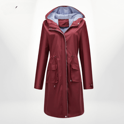 Women’s Trench Coat – Waterproof Over-Knee – Hooded – Adjustable Waist – Flap Pockets