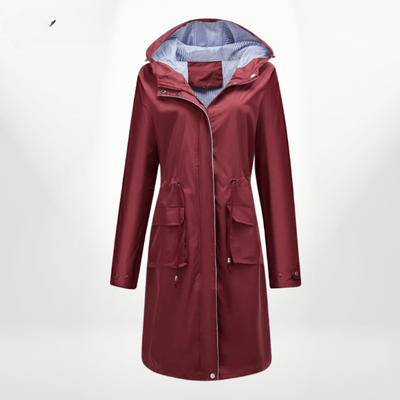 Women’s Trench Coat – Waterproof Over-Knee – Hooded – Adjustable Waist – Flap Pockets