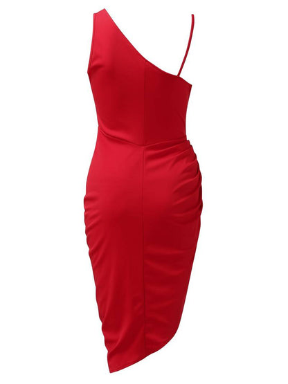 Women's Evening Dress - One Shoulder - Sequin Bodice - Draped Waist - High Slit