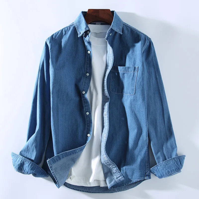Men’s Denim Shirt - Button-Up - Long Sleeve - Classic Collar - Casual Wear