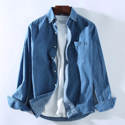 Men’s Denim Shirt - Button-Up - Long Sleeve - Classic Collar - Casual Wear