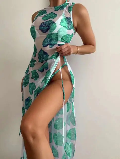 Women's 3-piece leaf print thong bikini with cover-up