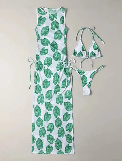 Women's 3-piece leaf print thong bikini with cover-up