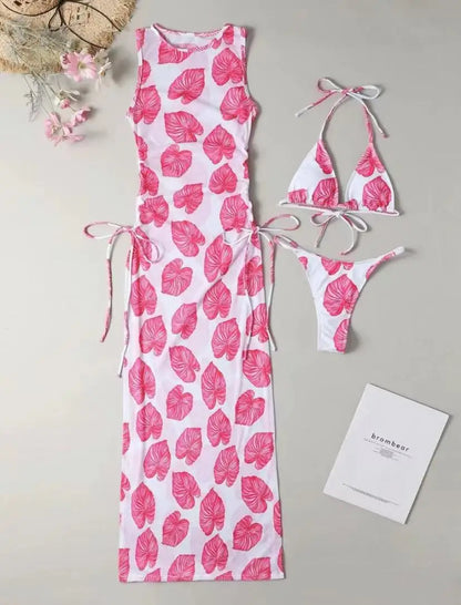 Women's 3-piece leaf print thong bikini with cover-up