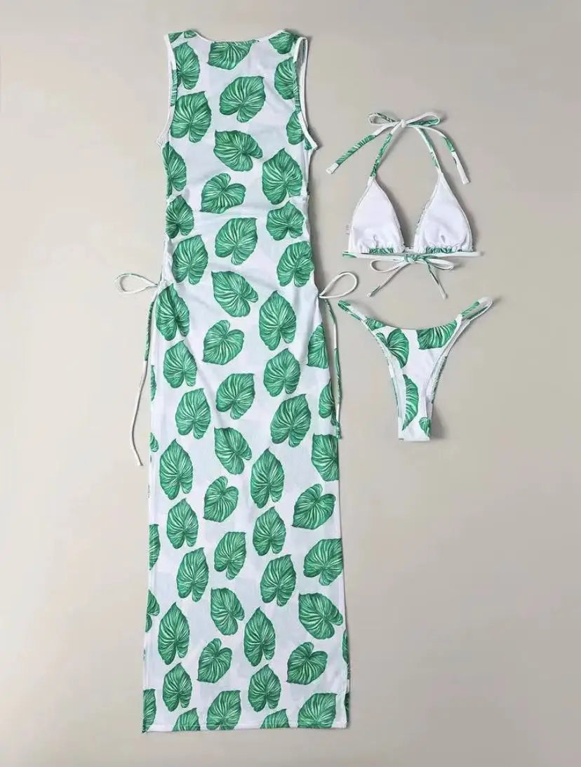 Women's 3-piece leaf print thong bikini with cover-up