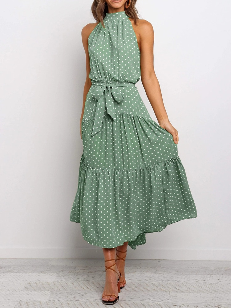 Women's Halter Midi Dress - Polka Dot Print - Fit-and-Flare - Waist Tie - Flowy