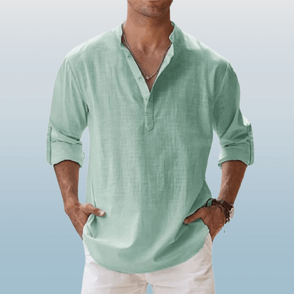 Men’s Henley Shirt - Linen Blend - Long Sleeve - Regular Fit Casual Wear