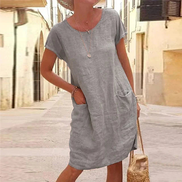 Women’s Knee-Length Dress – Natural Fibers – Relaxed Fit – Short Sleeve – With Pockets