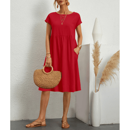 Women's Cotton Linen Short Sleeve Midi Dress
